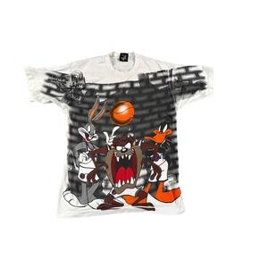 Vintage 1996 Space Jam Looney Tunes T Shirt Mens Large‎ White AOP Single Stitch